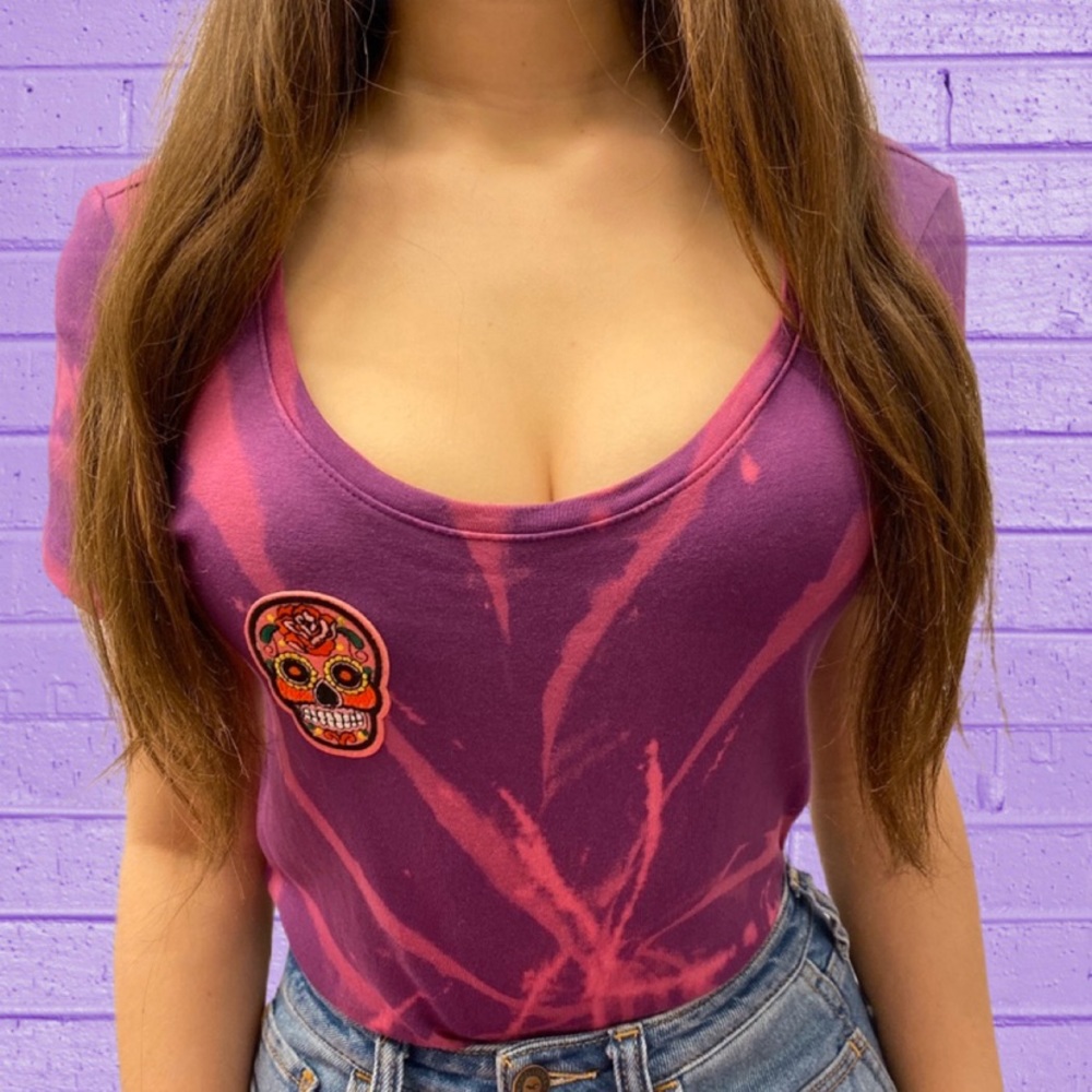 Sugar Skull Custom Bleached Purple & Pink Tee